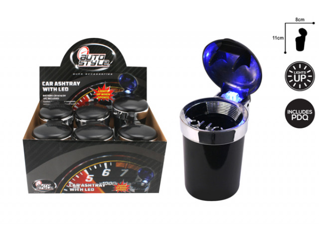 CAR ASHTRAY LED 11X8CM BLACK IN PDQ A/C KW7111