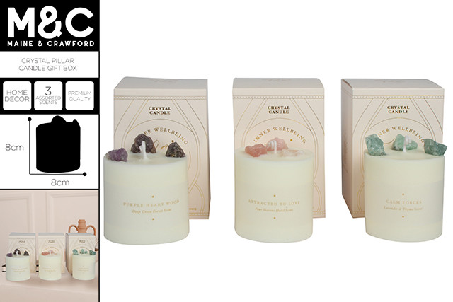 CRYSTAL PILLAR CANDLE 8x8CM GIFT BOX 3 ASST SCENTS