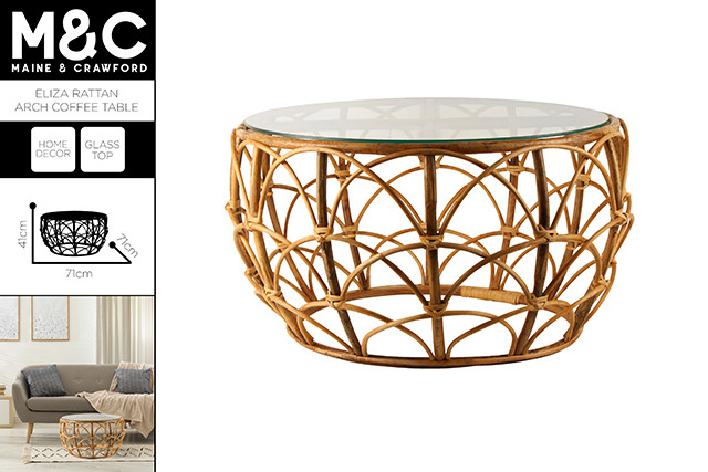 ELIZA RATTAN ARCH COFFEE TABLE WITH GLASS TOP 71X71X41CM